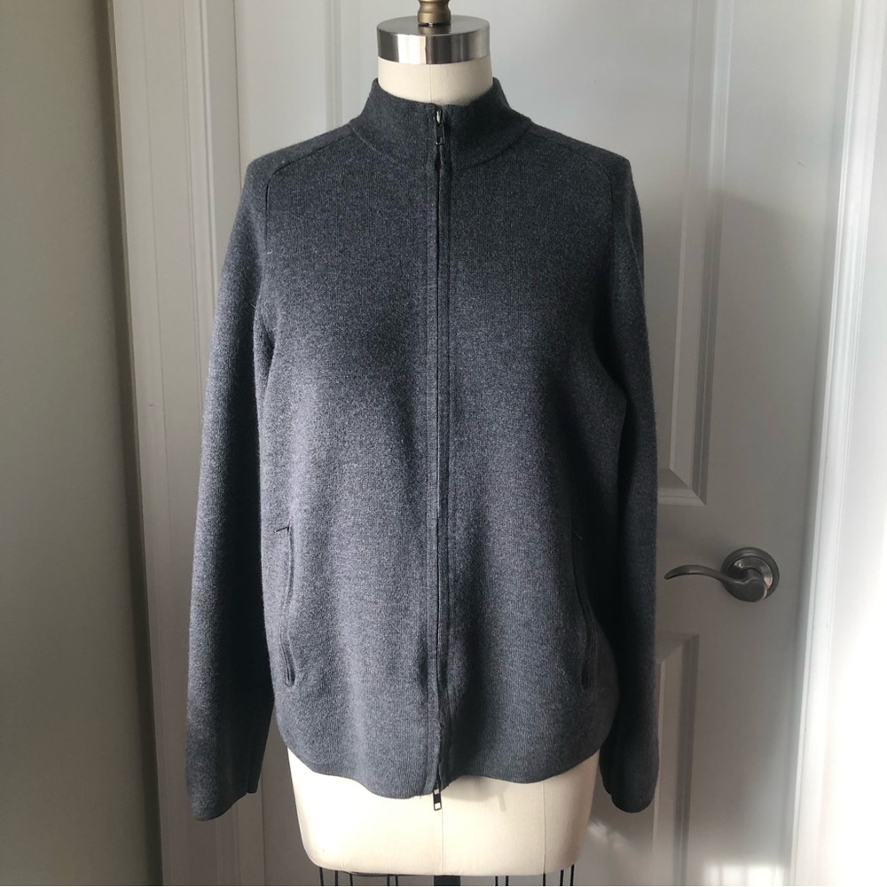THEORY Wool Zip Up Mock Collar Cardigan Dark Grey